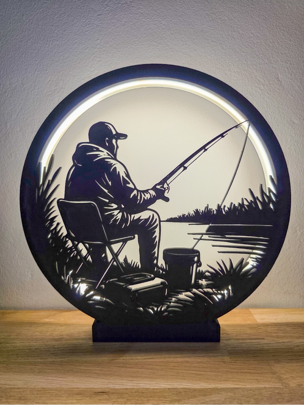 Black Fisherman Silhouette LED Art Lamp 3-D printed